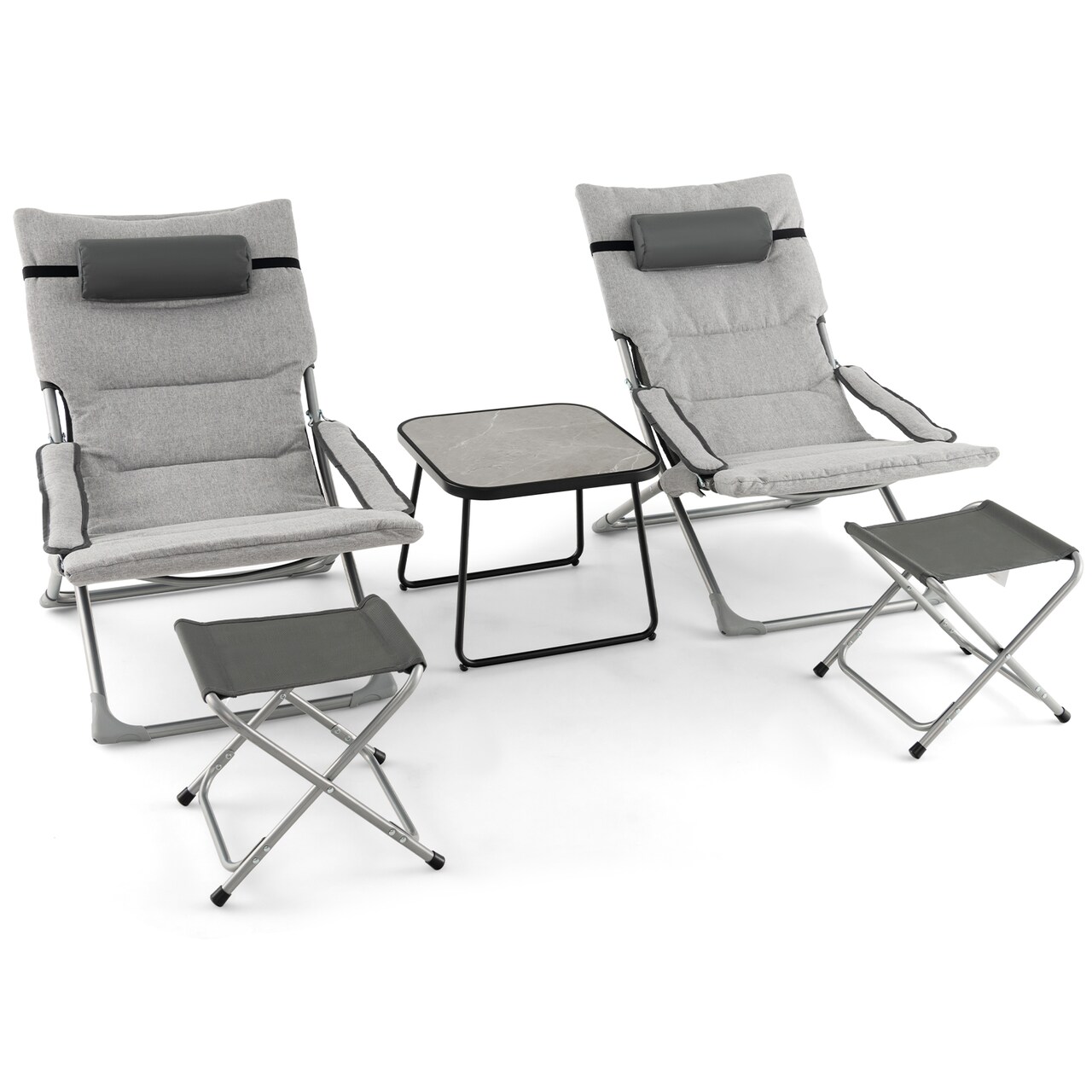 Gray Folding Lounge Chair Set With Footrest And Coffee Table Outdoor Patio 2-Piece